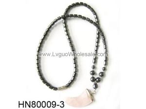 Hematite Beads and Rose Quartz Stone Horn Pendant Necklace